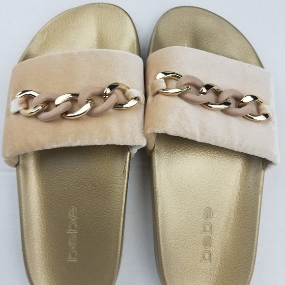 BEBE WOMEN SANDALS 9M GOLD BEIGE SLIDES - Picture 2 of 11